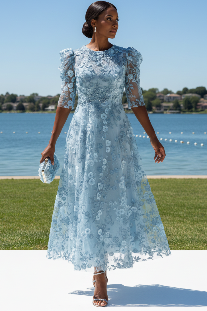 3D Floral Applique A-Line Midi Dress