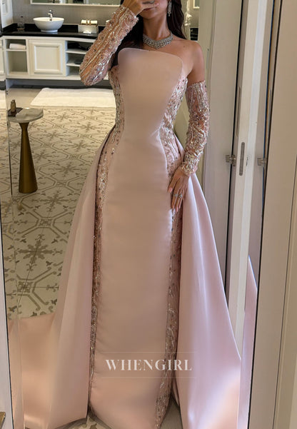 Strapless Column Gown with Overskirt & Sleeves