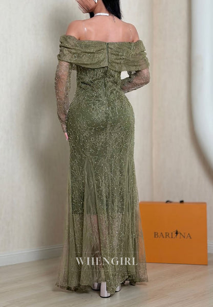 Off-the-Shoulder Beaded Lace Long Sleeve Gown