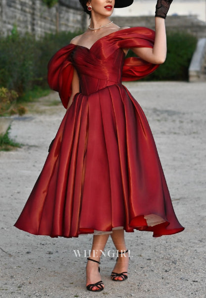 Off-the-Shoulder Pleated Tea-Length Dress