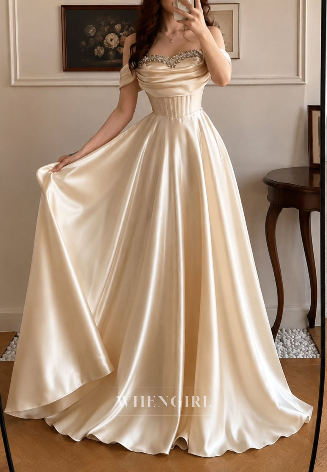 Off Shoulder Satin A-Line Formal Gown with Beaded Bodice