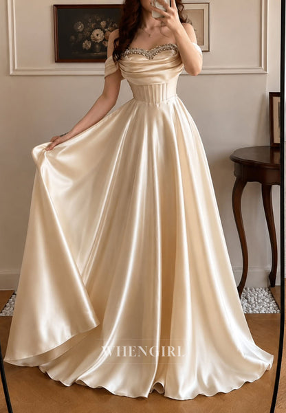 Off Shoulder Satin A-Line Formal Gown with Beaded Bodice