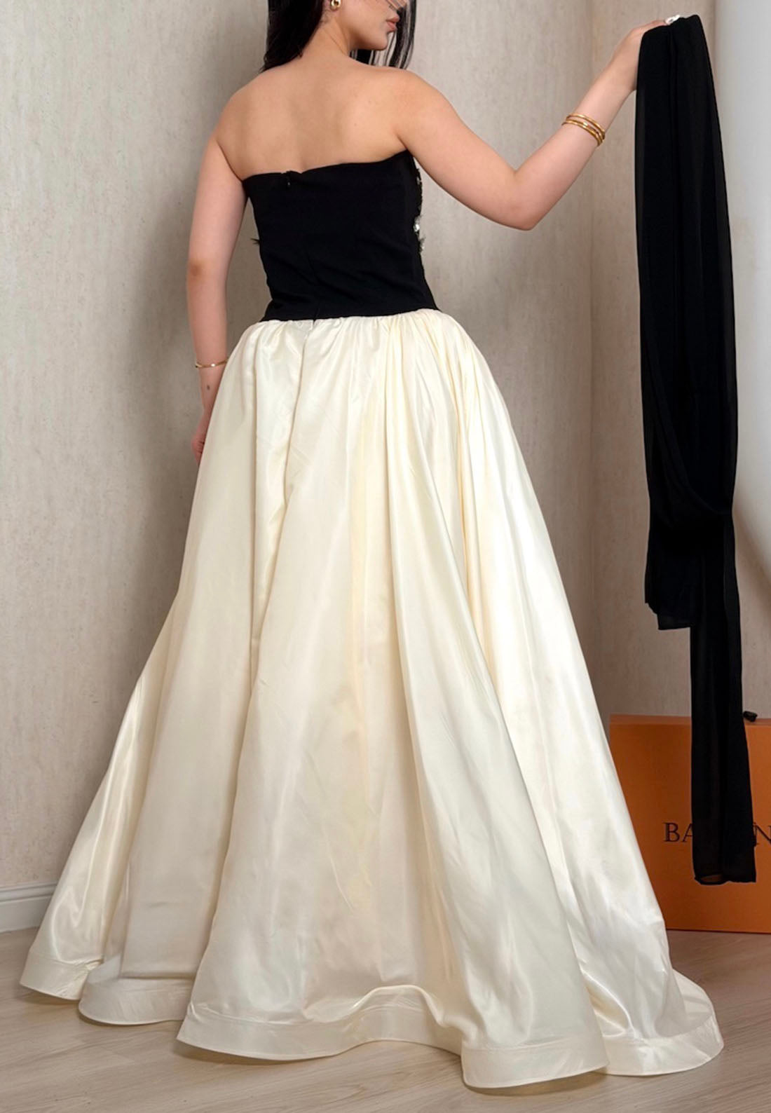 Floral Applique Strapless Ball Gown with Scarf