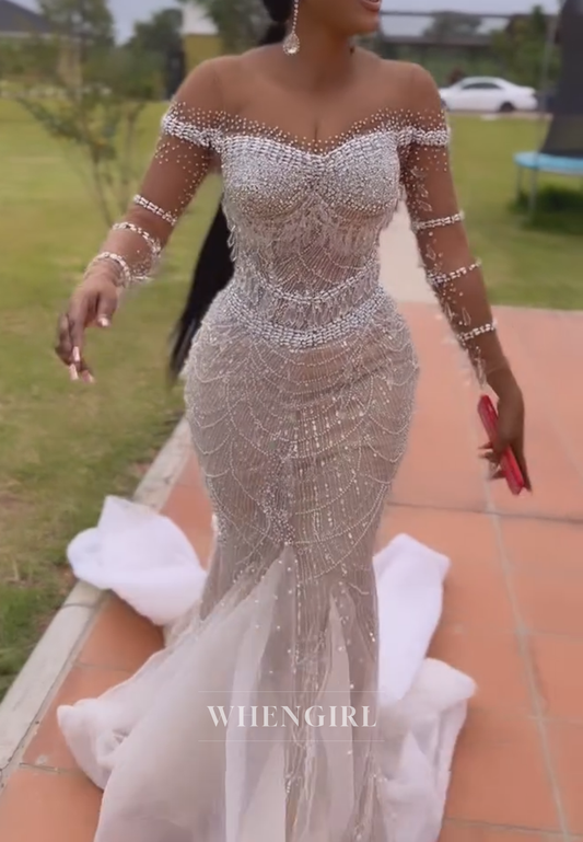 Beaded Mermaid Gown with Off-Shoulder Neckline