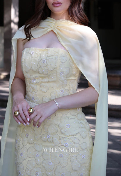 Strapless Floral Applique Gown with Chiffon Cape