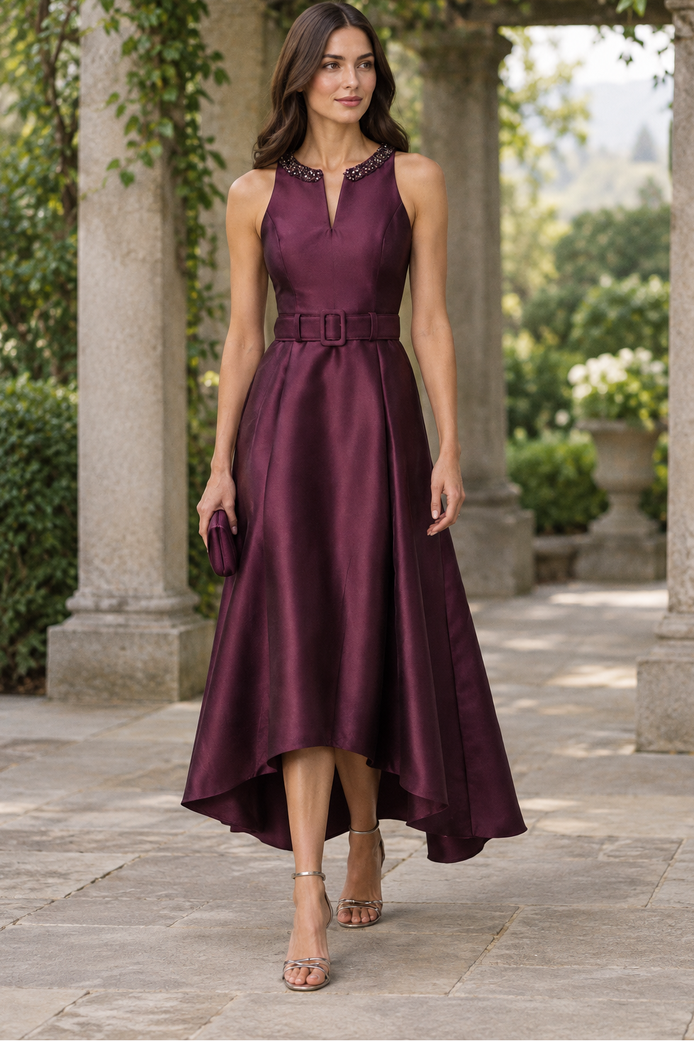 Embellished Neckline High-Low Satin Dress with Belt