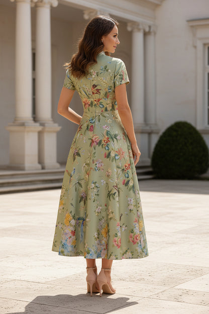 Floral Print Short Sleeve Notch Neck Midi Dress