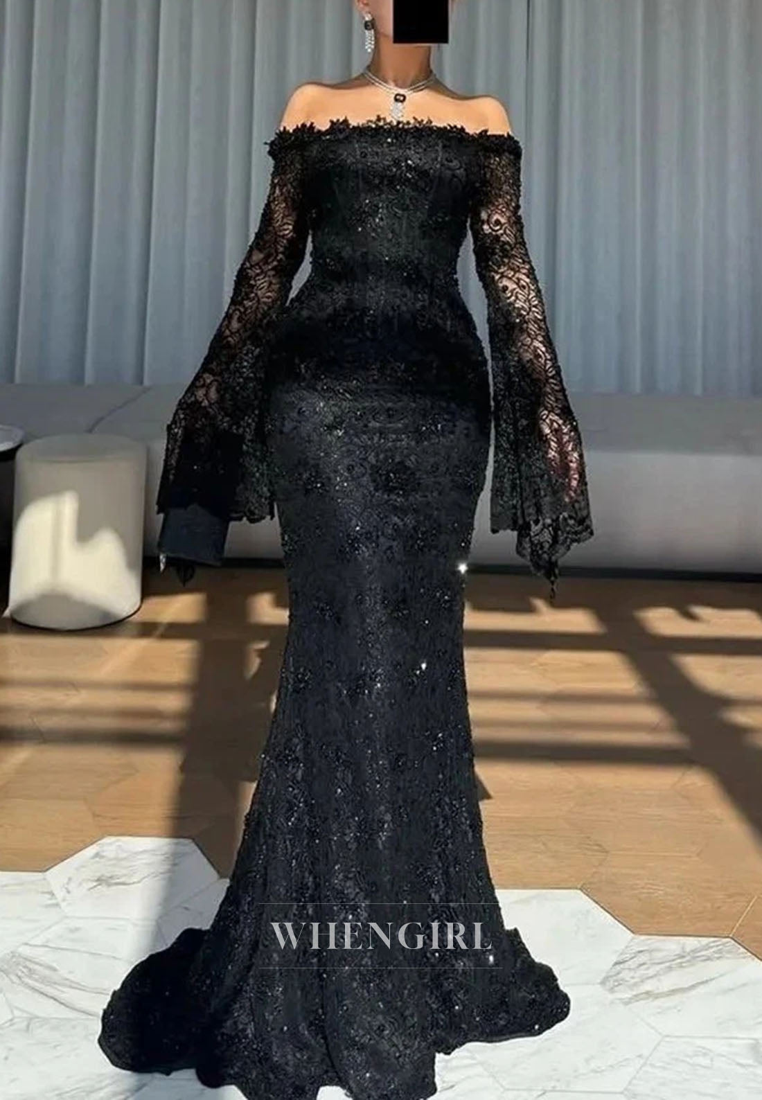 Lace Off-the-Shoulder Bell Sleeve Mermaid Gown