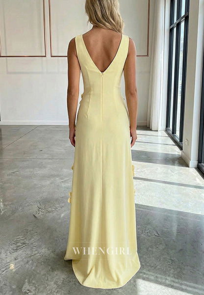 V Neck Floor-Length Gown with 3D Floral Appliques
