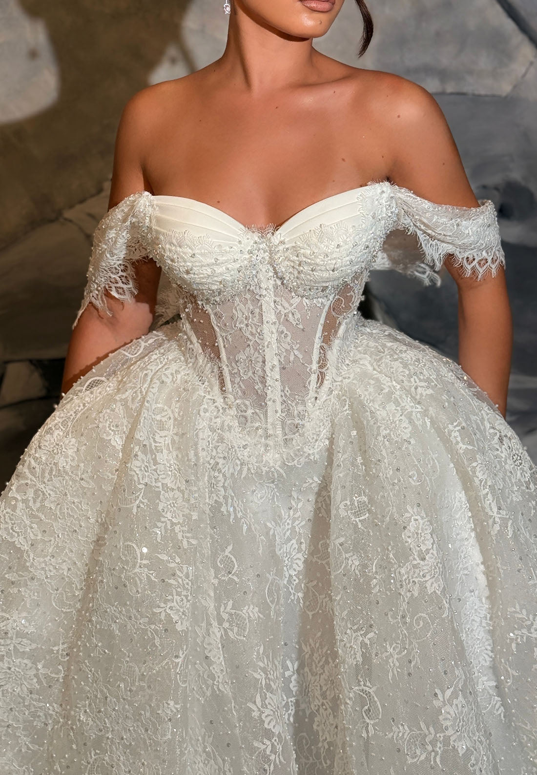 Lace Off-the-Shoulder Corset Ball Gown Wedding Dress