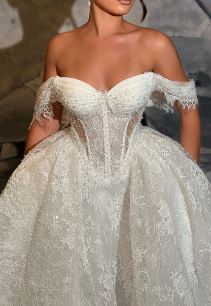 Lace Off-the-Shoulder Corset Ball Gown Wedding Dress