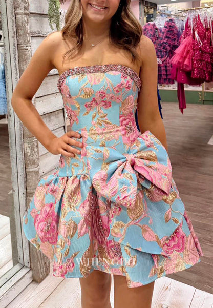 Strapless Floral Jacquard Homecoming Dress with Bow