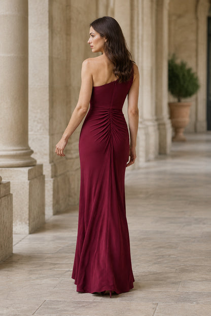 One-Shoulder Ruched Drape Floor-Length Evening Gown