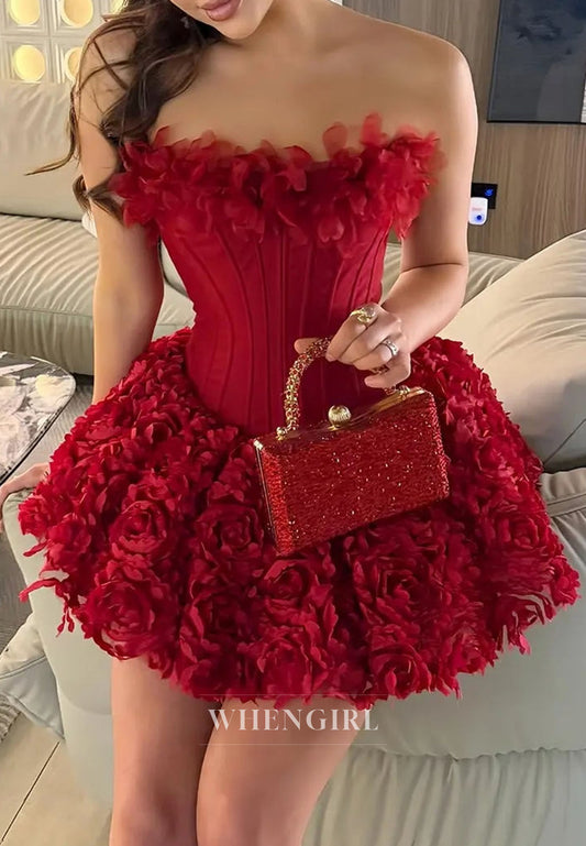 Strapless Corset Mini Dress with 3D Floral Skirt