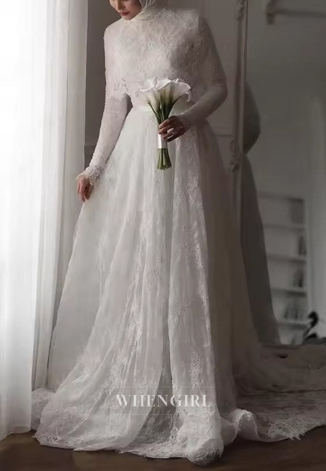 High Neck Lace A-Line Wedding Dress with Train