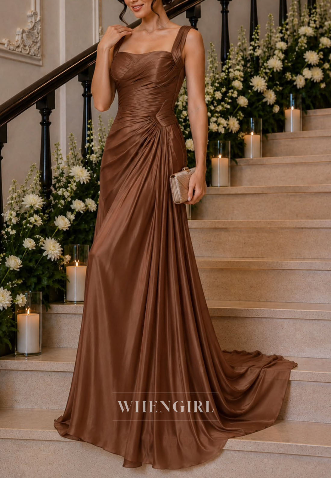 Ruched Sweetheart Satin Gown with Sweep Train