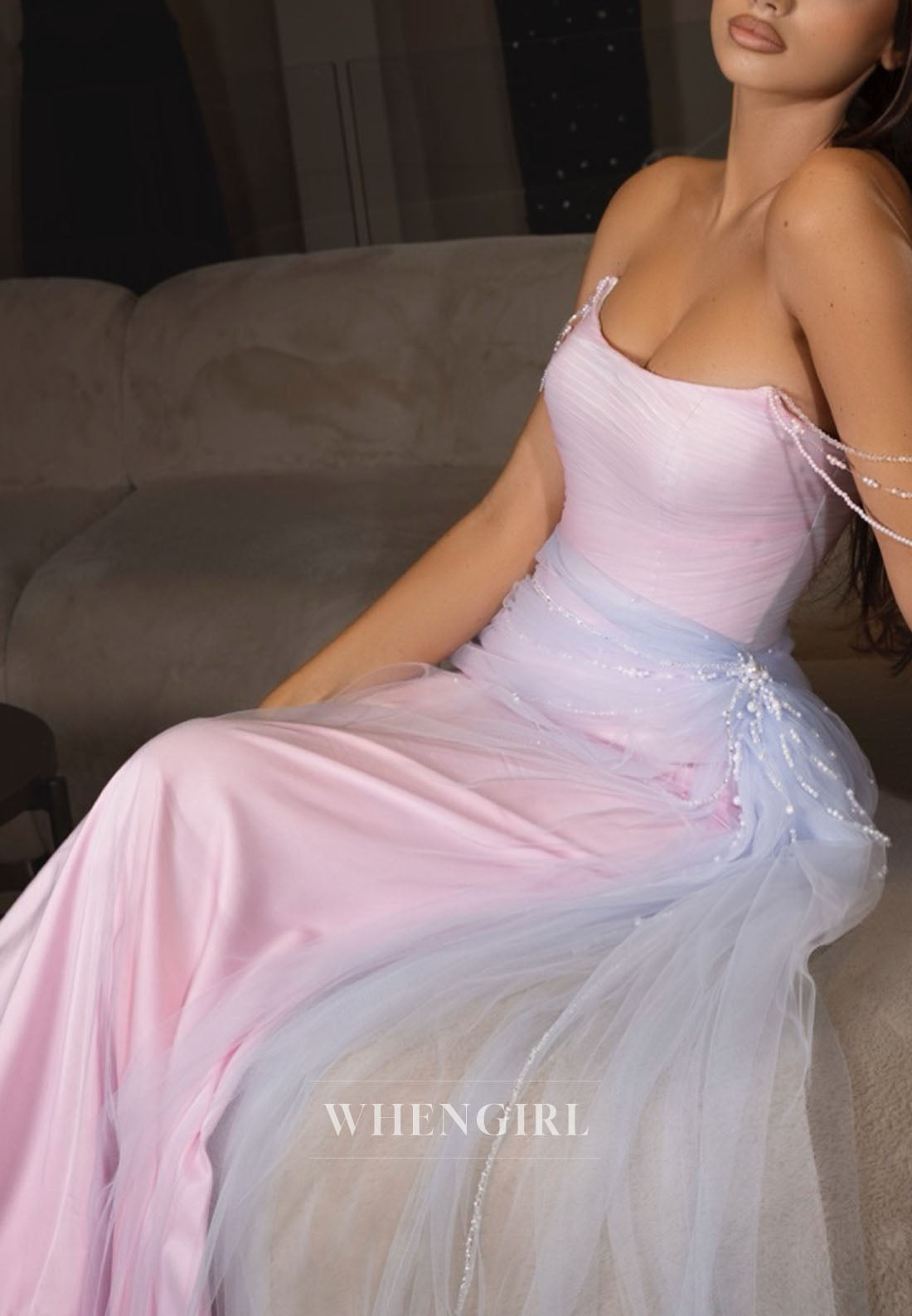 Strapless Ruched Gown with Draped Tulle Skirt