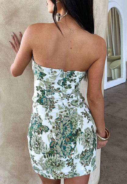 Strapless Floral Print Mini Dress with Slit
