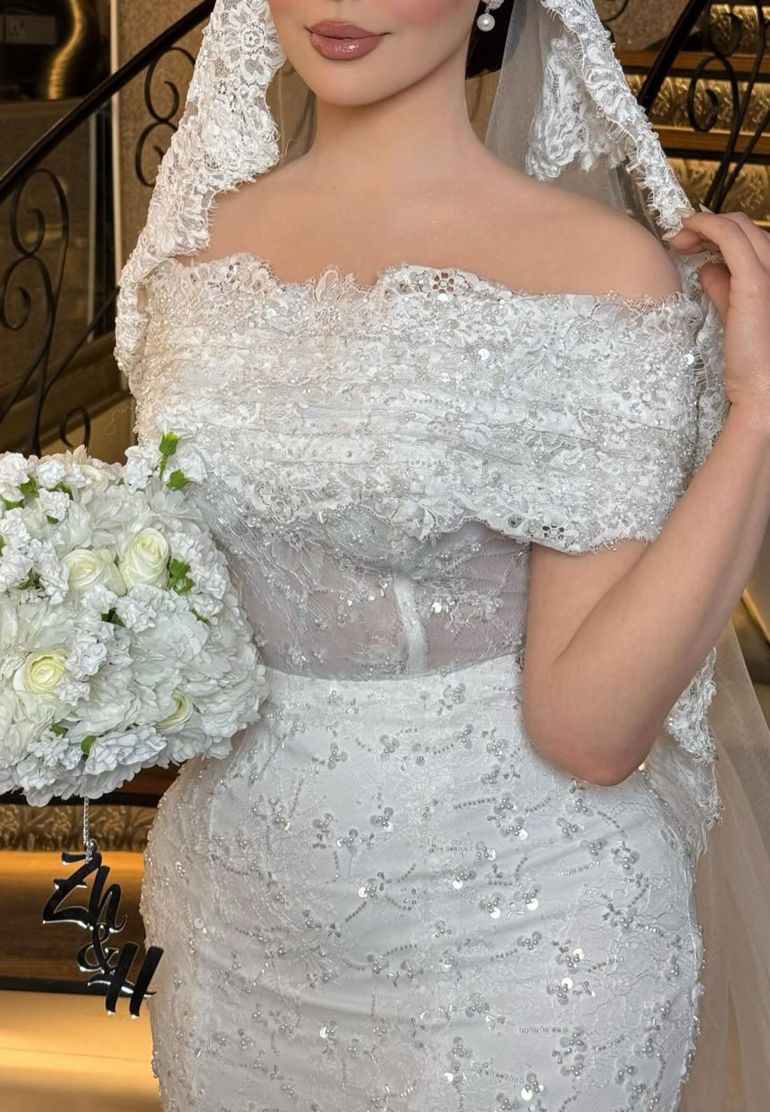 Off-the-Shoulder Beaded Mermaid Wedding Dress