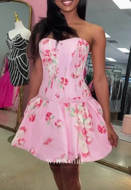 Strapless Corset Floral Bubble Skirt Mini Dress