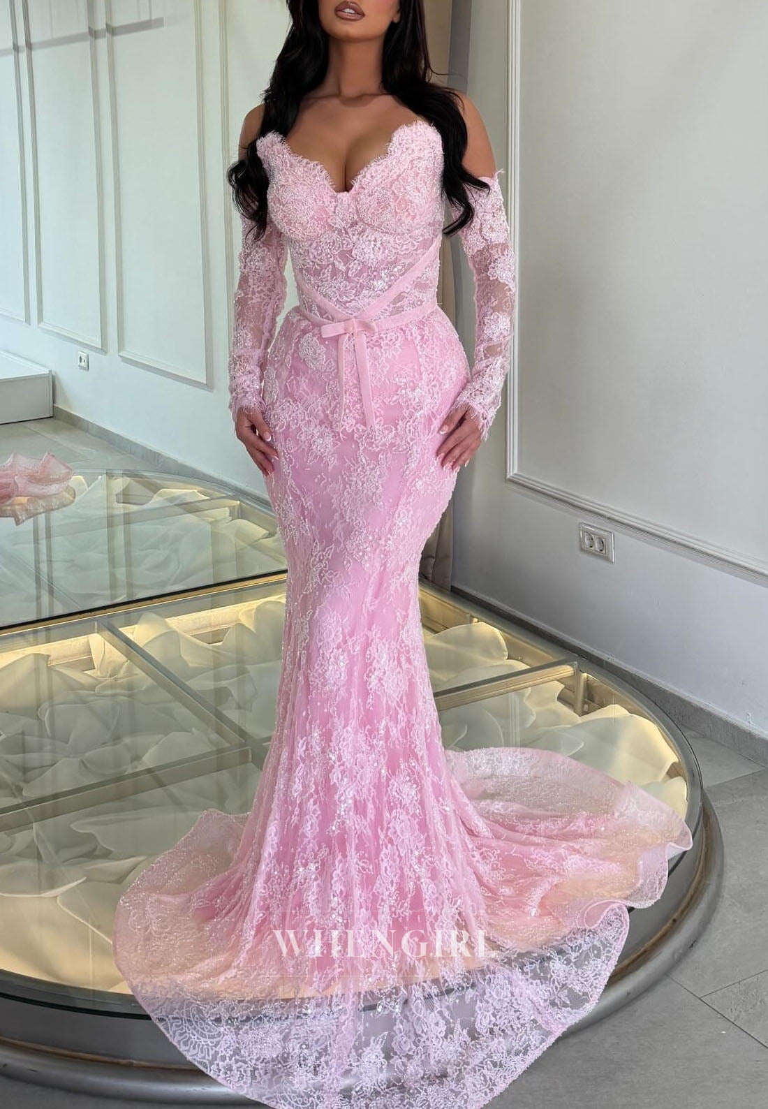 Off-the-Shoulder Long Sleeve Lace Mermaid Gown