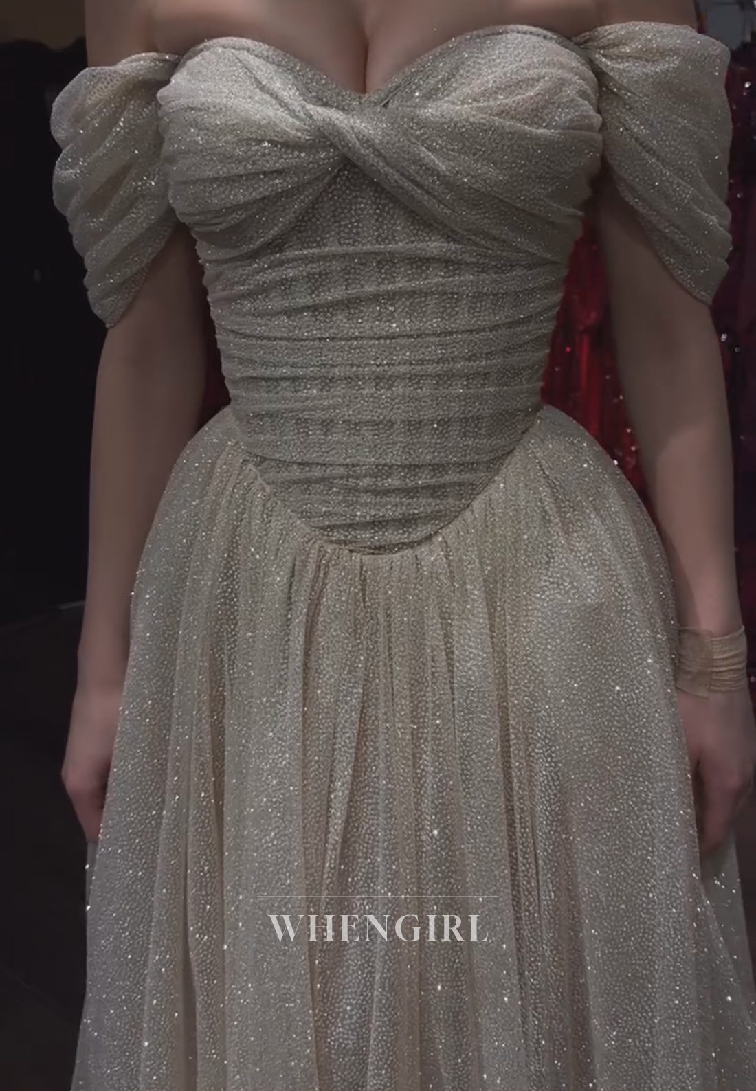 Glitter Off-the-Shoulder Basquew-Waist Ball Gown
