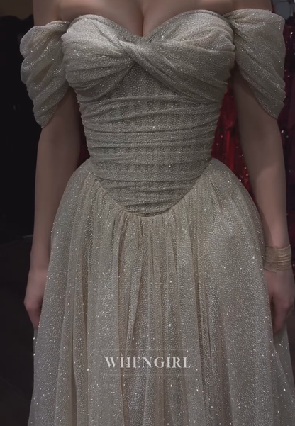 Glitter Off-the-Shoulder Basquew-Waist Ball Gown