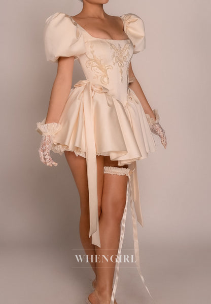 Embroidered Corset Mini Dress with Puff Sleeves