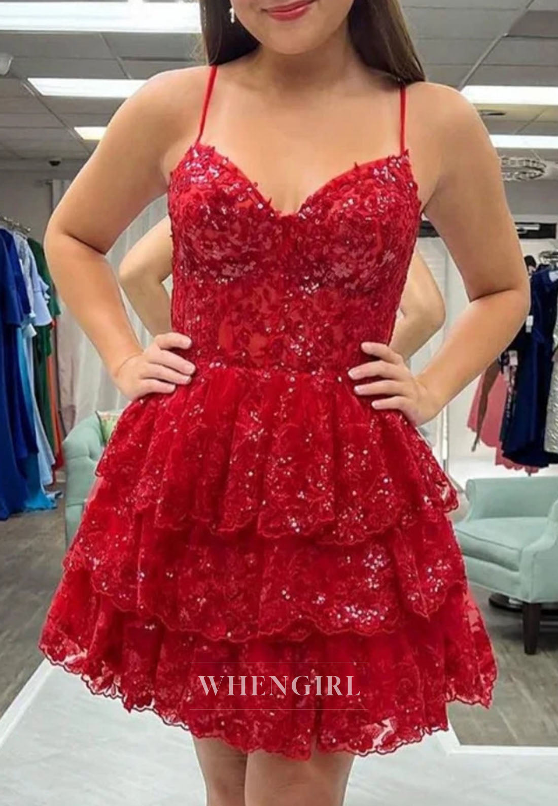 Tiered Sequin Corset Mini Dress with Spaghetti Straps