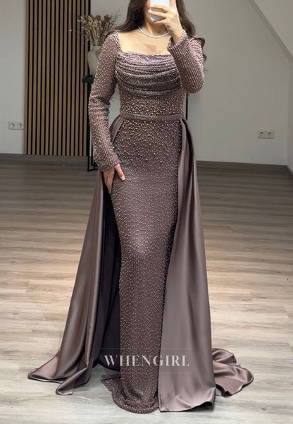 Pearl Beaded Mermaid Gown with Satin Overskirt