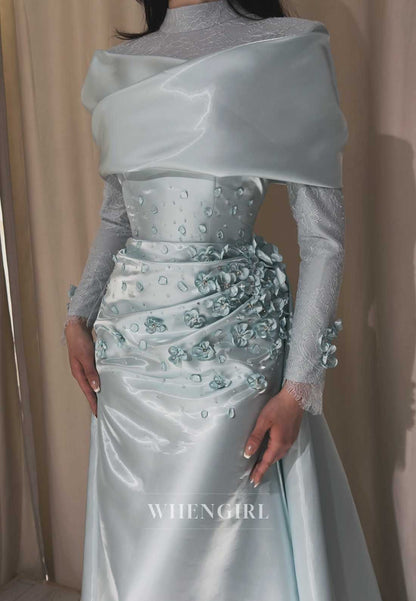 Long Sleeve Satin Formal Gown with 3D Flowers