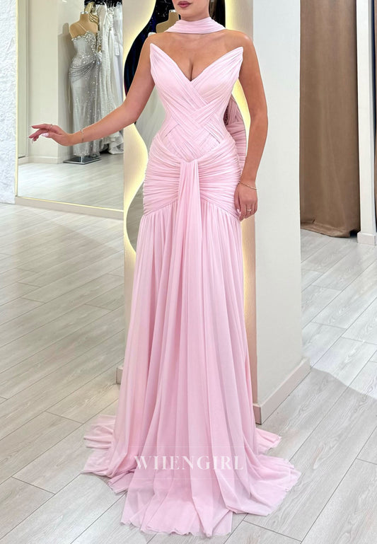 Ruched Column Gown with V-Neckline and Choker