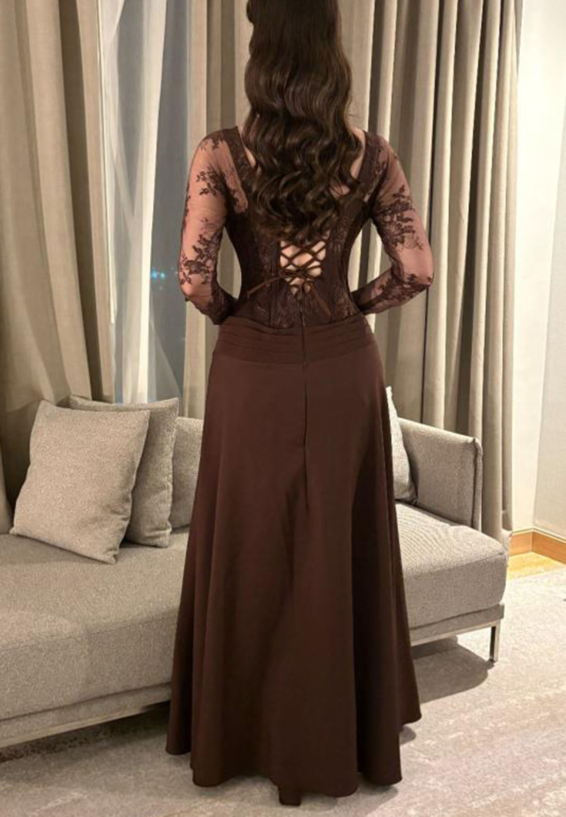 Lace Corset Long Sleeve A-Line Evening Gown
