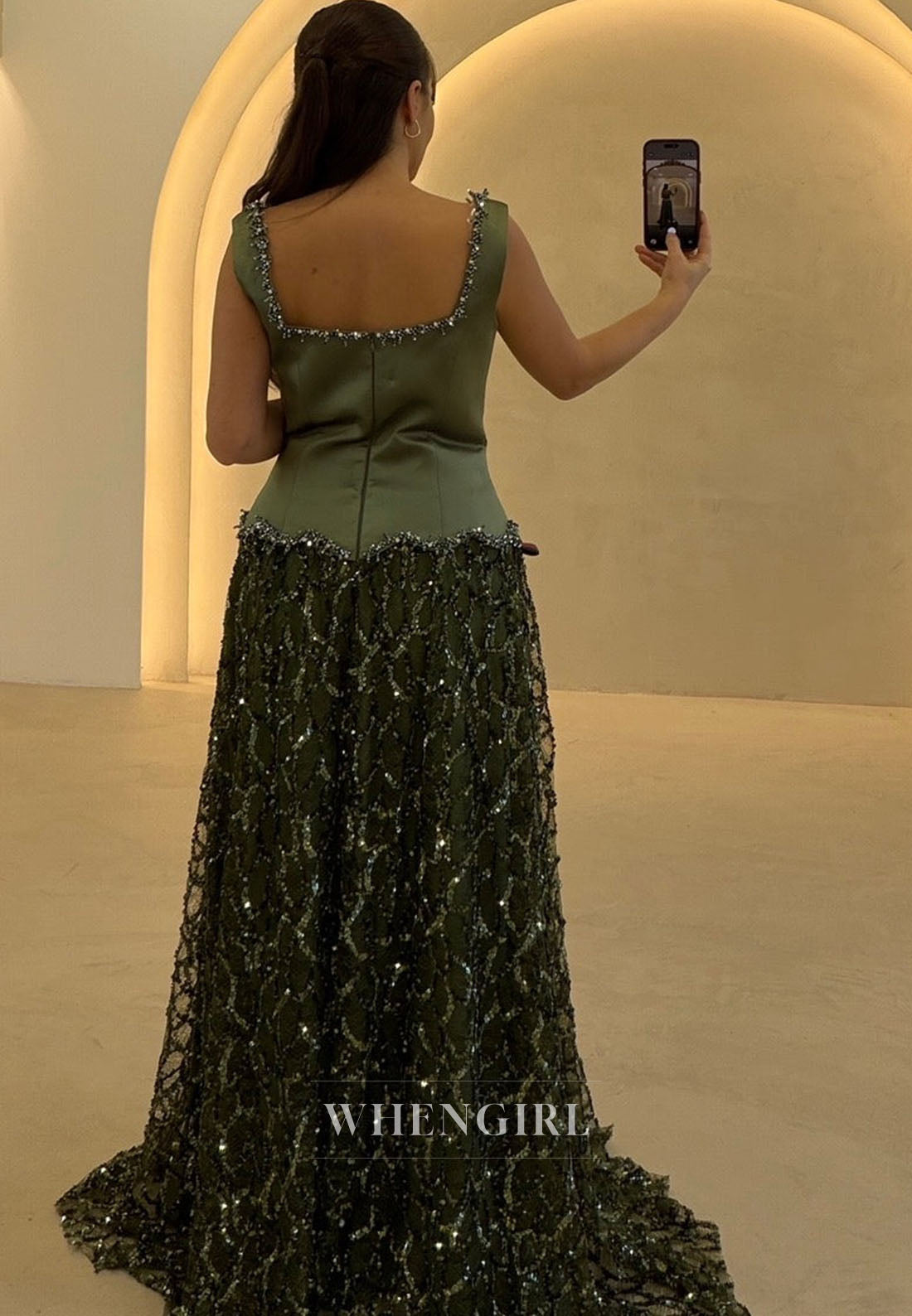 Square Neck Dropped Waist Sequin Evening Gown