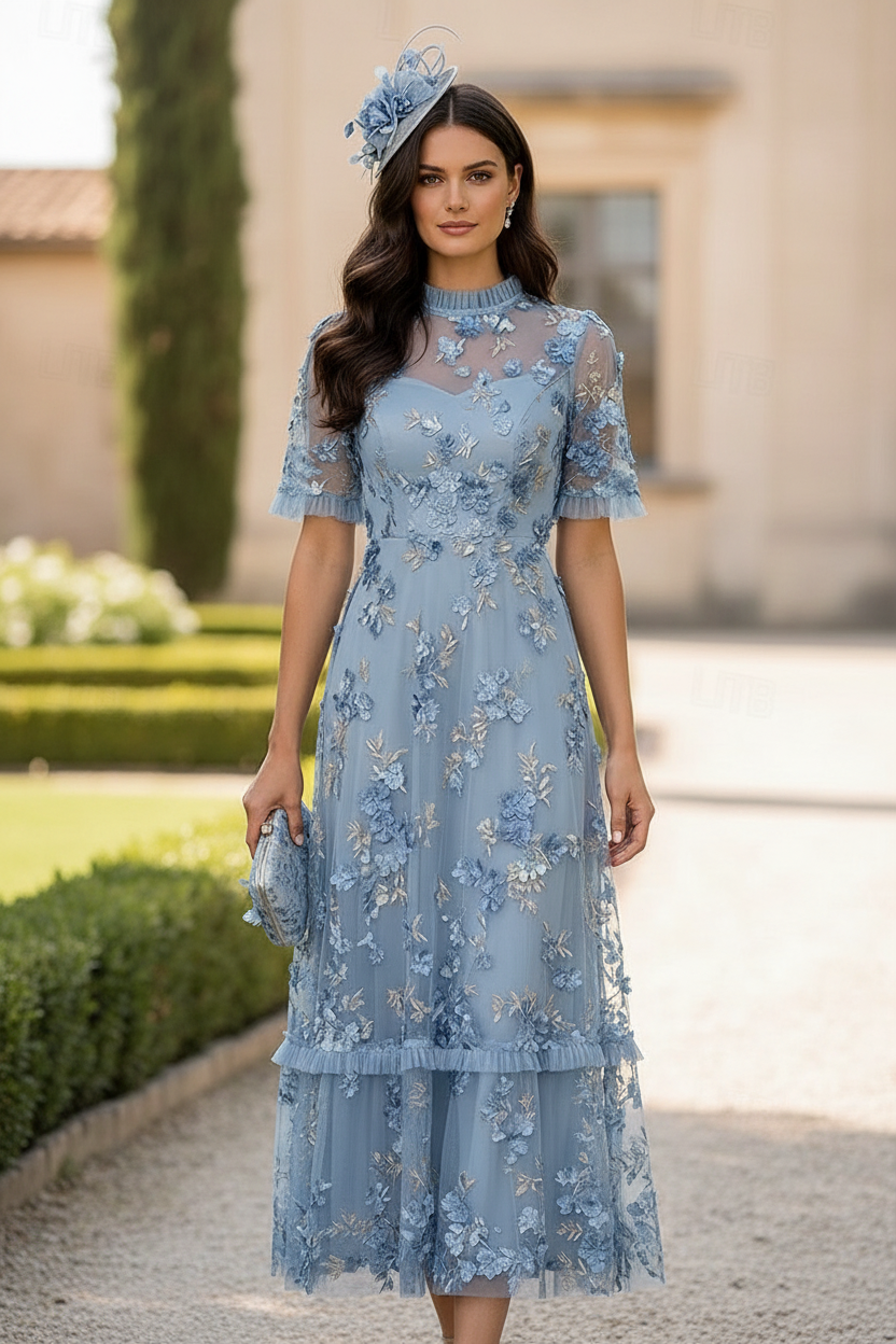 3D Floral Applique Tiered A-Line Midi Dress
