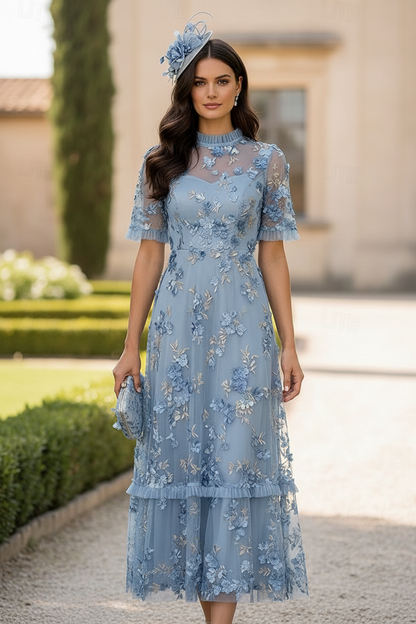 3D Floral Applique Tiered A-Line Midi Dress