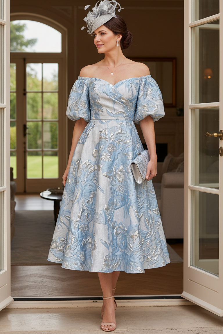 Off-Shoulder Jacquard A-Line Midi Dress