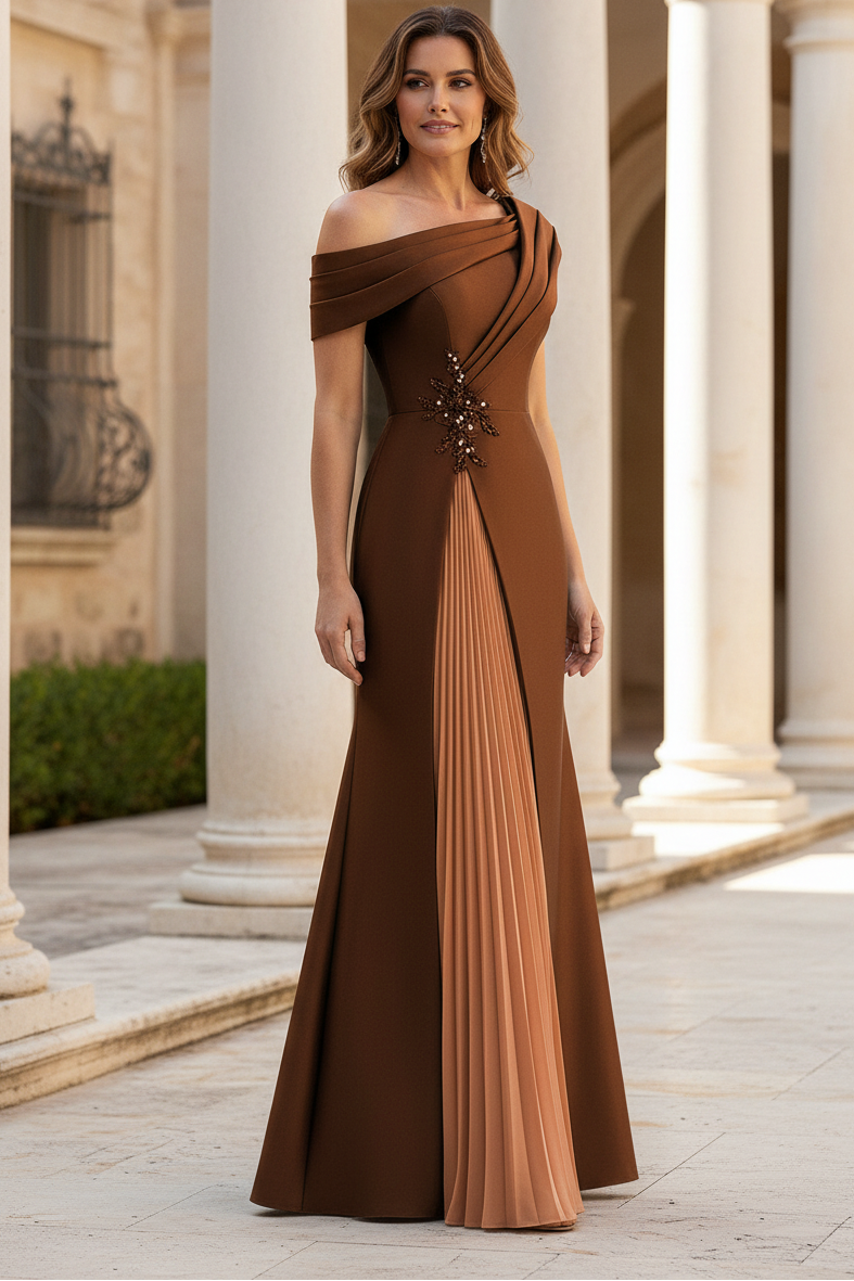 Asymmetrical Pleated Inset Evening Gown