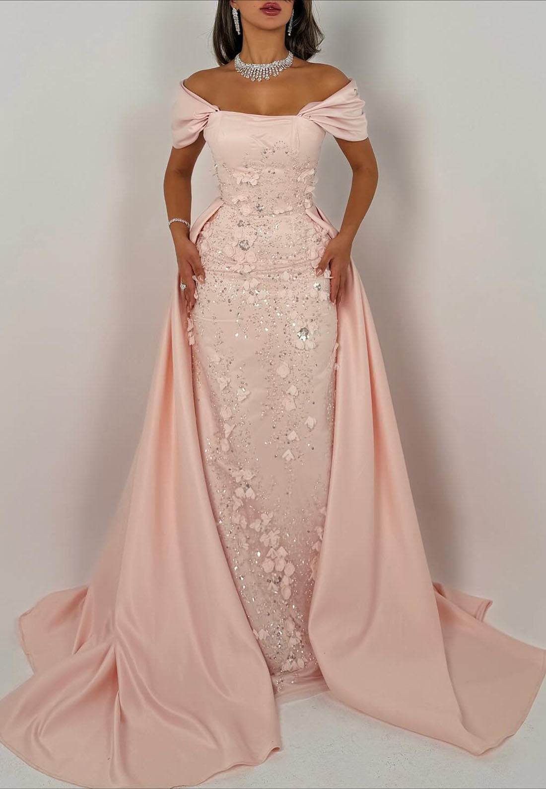Off-the-Shoulder Floral Evening Gown with Overskirt