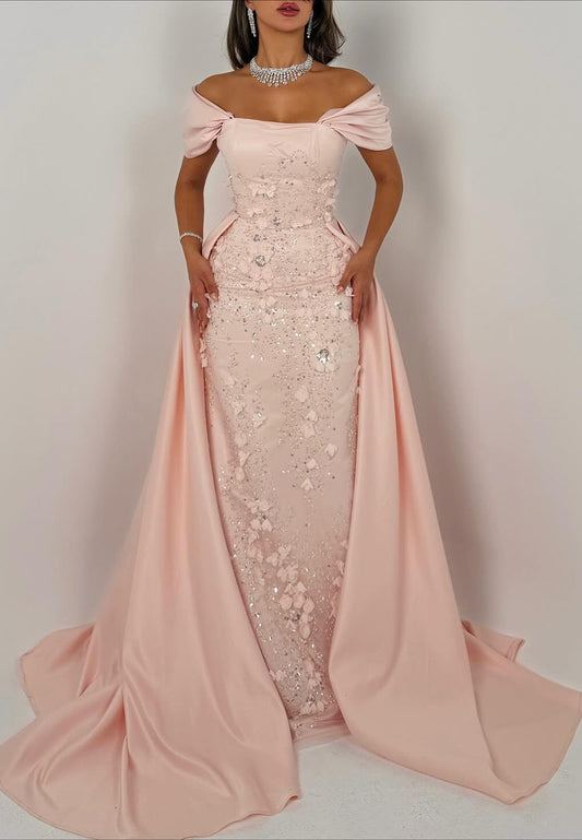 Off-the-Shoulder Floral Evening Gown with Overskirt