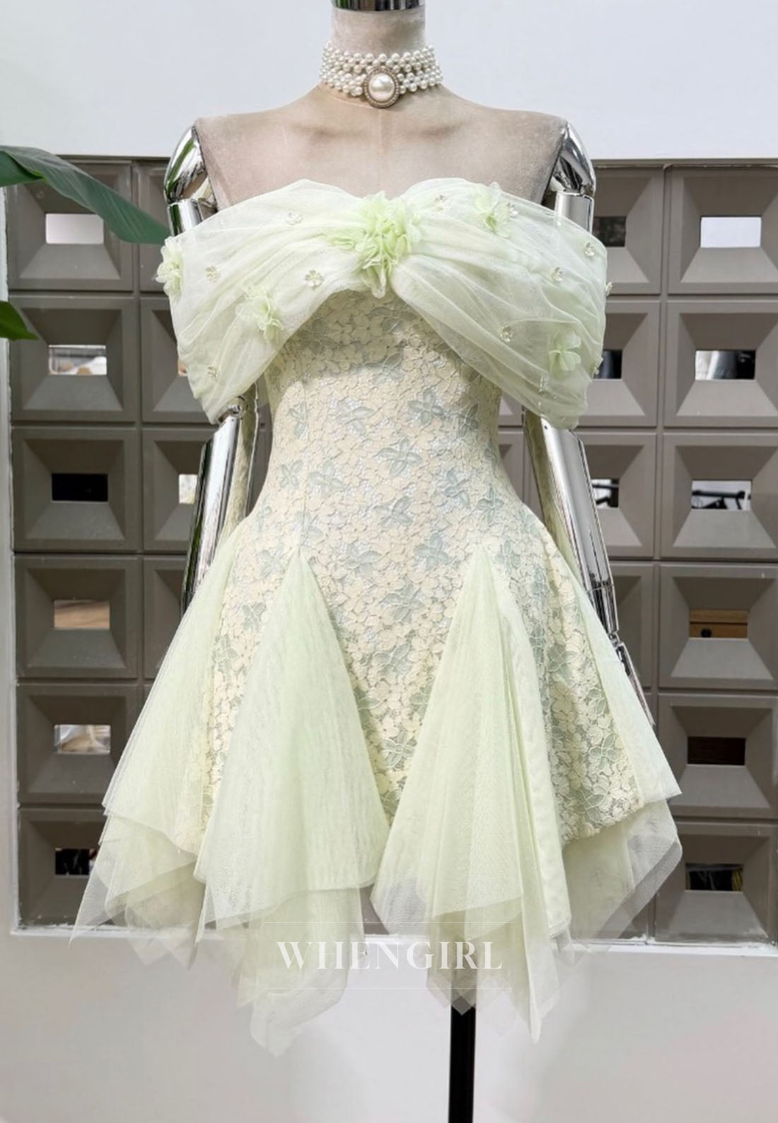 Off-the-Shoulder Lace Mini Dress with Tulle Handkerchief Hem