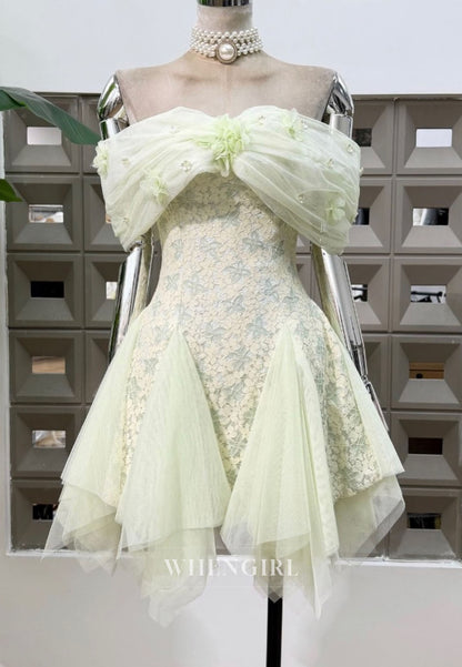 Off-the-Shoulder Lace Mini Dress with Tulle Handkerchief Hem
