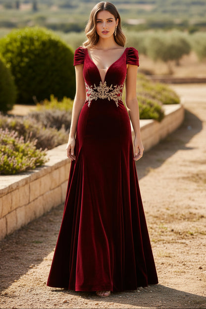 Velvet Evening Gown with Gold Waist Embroidery
