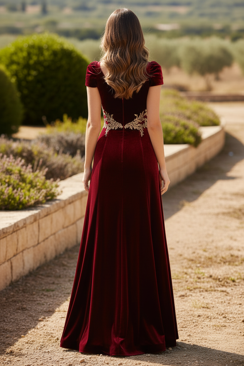 Velvet Evening Gown with Gold Waist Embroidery
