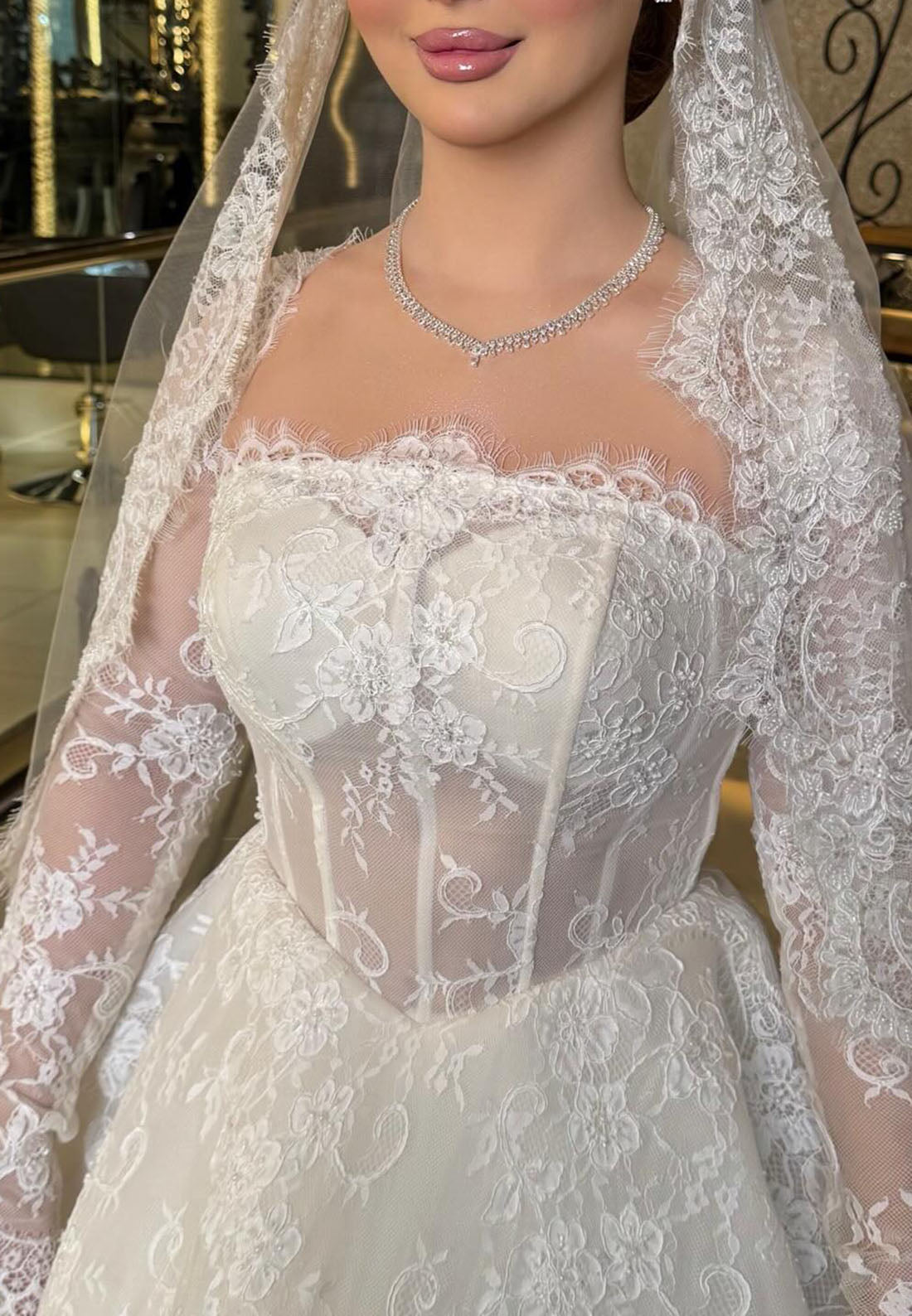 Lace Corset Ball Gown Wedding Dress with Sleeves