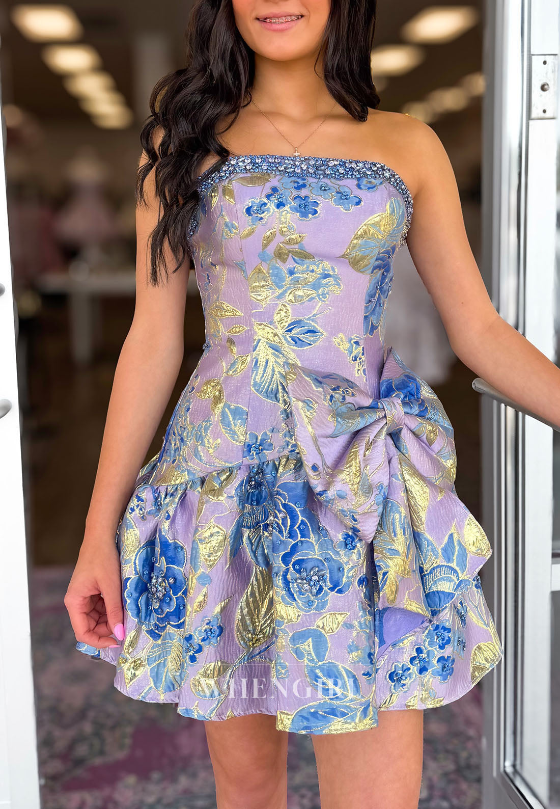 Strapless Floral Jacquard Homecoming Dress with Bow