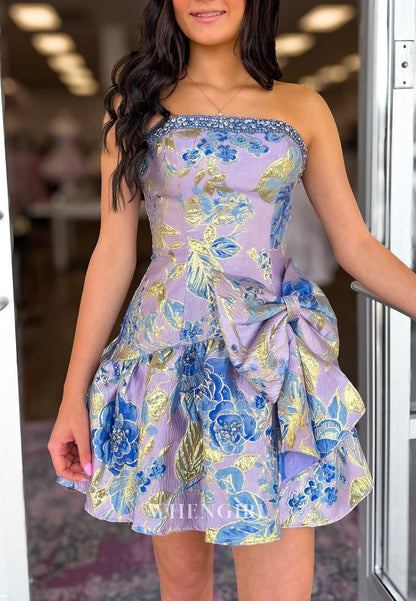 Strapless Floral Jacquard Homecoming Dress with Bow