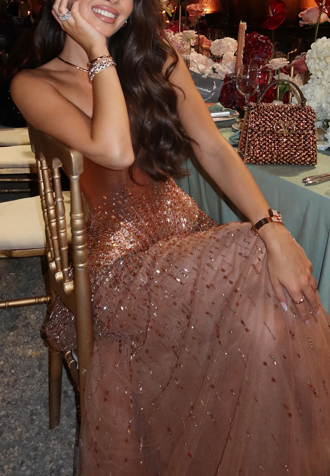 Strapless Metallic Bodice Sequin Evening Gown