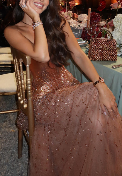Strapless Metallic Bodice Sequin Evening Gown