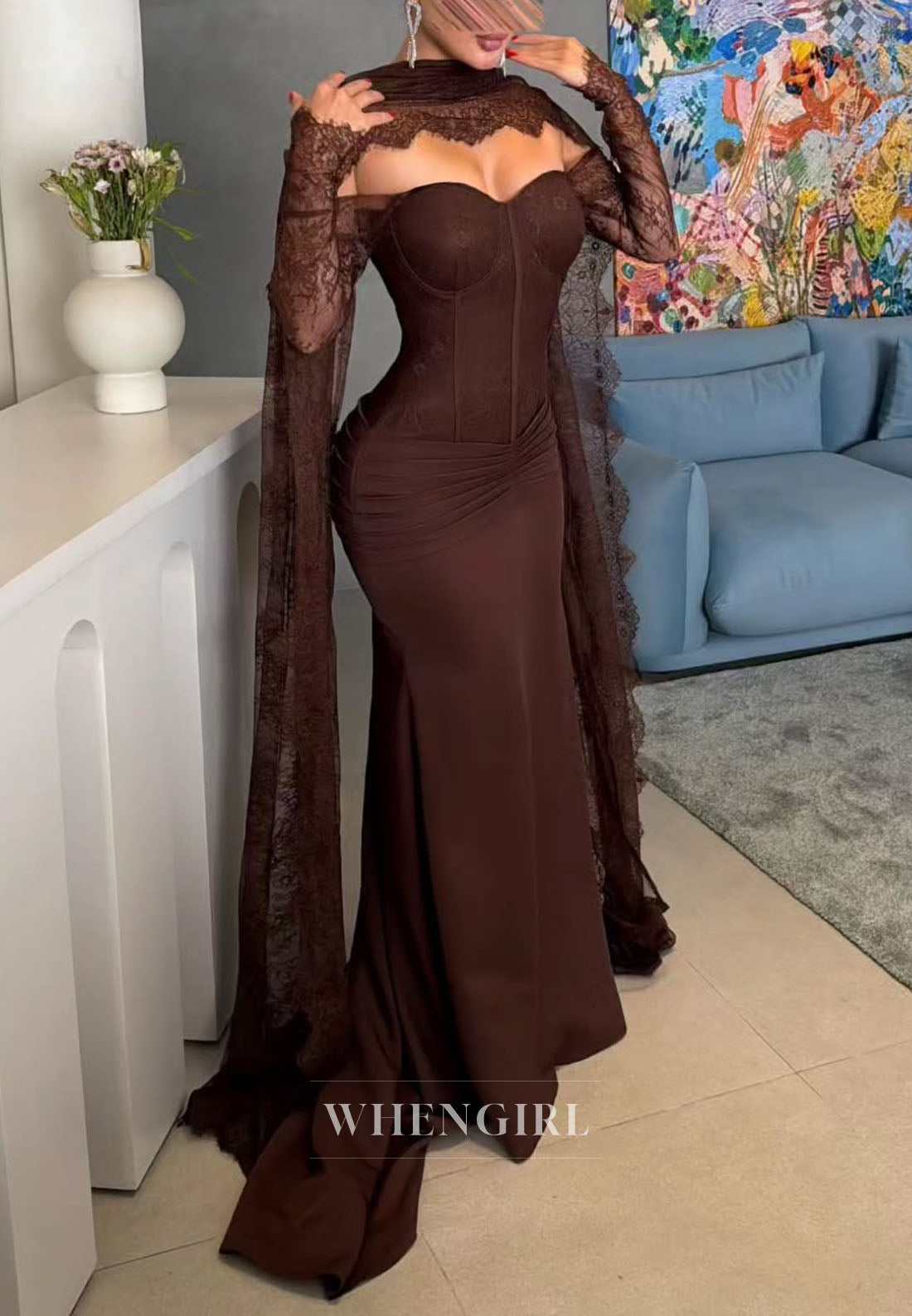 Corset Evening Gown with Lace Cape Sleeves